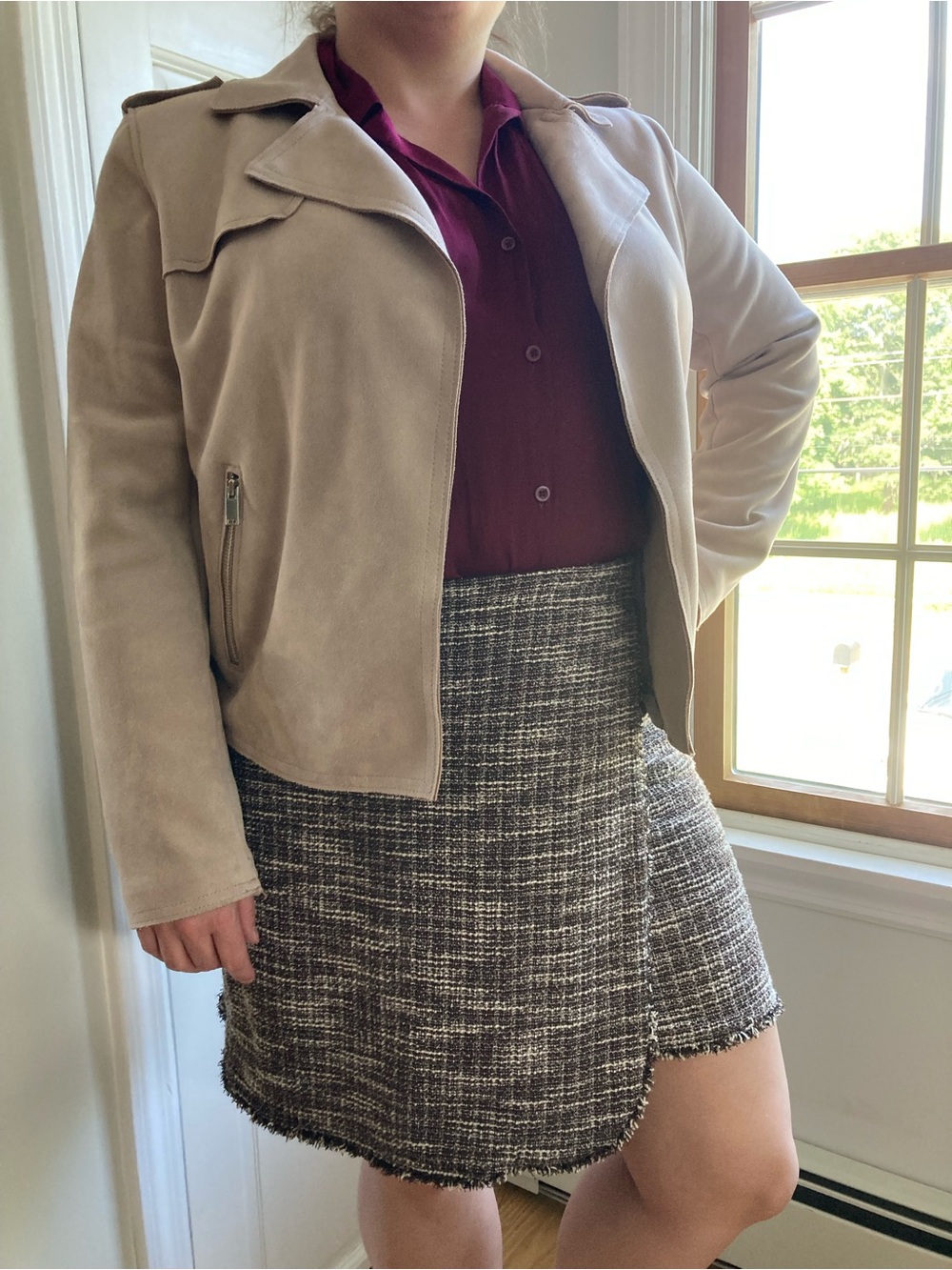 Philosophy Suede Moto Jacket with Max Studio Brown & Beige Tweed Mini Skirt